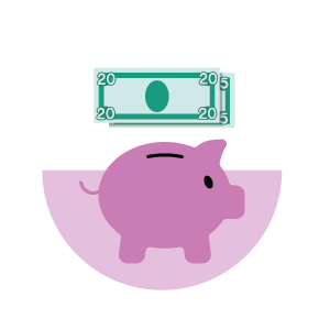 stack of cash above a piggy bank