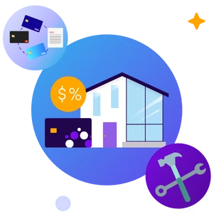 graphic of home with loan rates icon