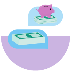 Two stacks of dollar bills and a piggy-bank 