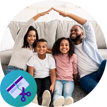 happy family sitting on a couch with a home equity icon